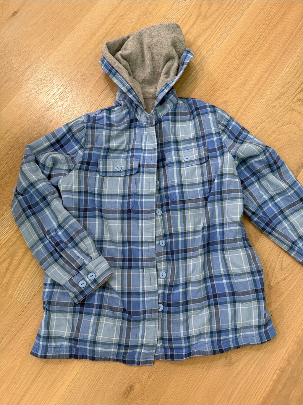 L.L. Bean Fleece-Lined Hooded Flannel Shacket - Blue Plaid, Size Xs Petite